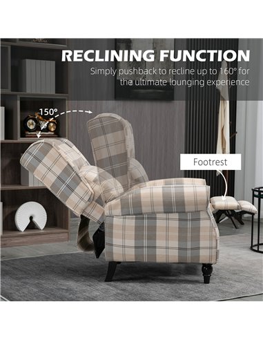 HOMCOM Wingback Recliner Armchair for Living Room, Pushback Reclining Chair with Round Armrests, Footrest and Rubber Wood Legs, 