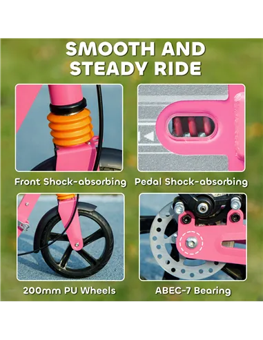 AIYAPLAY Kids Scooter with Four-Level Adjustable Handlebar, Dual Brake System, 200mm Wheels, ABEC-7 Bearings, Pink