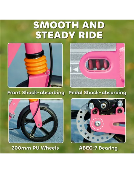 AIYAPLAY Kids Scooter with Four-Level Adjustable Handlebar, Dual Brake System, 200mm Wheels, ABEC-7 Bearings, Pink