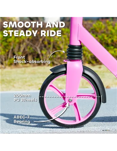 AIYAPLAY Foldable Kids Scooter with Adjustable Handlebar, 200mm Big Wheel, Rear Fender Brake, for Ages 6-12 Years, Pink