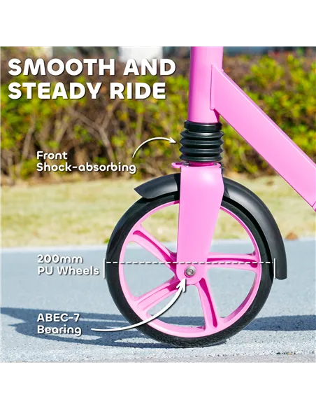 AIYAPLAY Foldable Kids Scooter with Adjustable Handlebar, 200mm Big Wheel, Rear Fender Brake, for Ages 6-12 Years, Pink