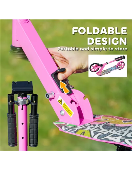 AIYAPLAY Foldable Kids Scooter with Adjustable Handlebar, 200mm Big Wheel, Rear Fender Brake, for Ages 6-12 Years, Pink