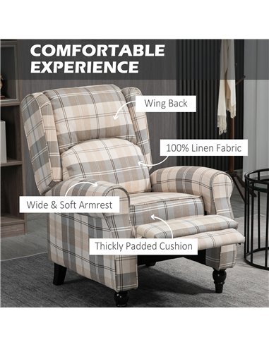 HOMCOM Wingback Recliner Armchair for Living Room, Pushback Reclining Chair with Round Armrests, Footrest and Rubber Wood Legs, 