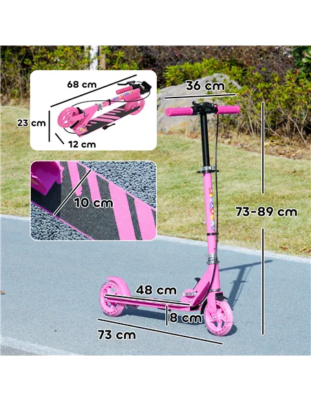 AIYAPLAY Scooter for Kids Aged 3-8 Years, with Adjustable Handle, Two Light Up Wheels, Handbrake, Rear Brake, Pink