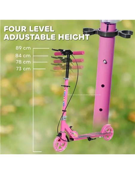 AIYAPLAY Scooter for Kids Aged 3-8 Years, with Adjustable Handle, Two Light Up Wheels, Handbrake, Rear Brake, Pink