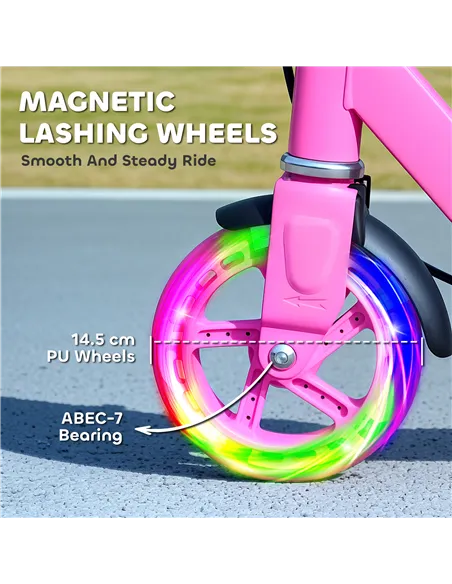 AIYAPLAY Scooter for Kids Aged 3-8 Years, with Adjustable Handle, Two Light Up Wheels, Handbrake, Rear Brake, Pink