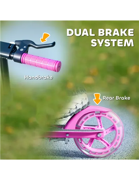 AIYAPLAY Scooter for Kids Aged 3-8 Years, with Adjustable Handle, Two Light Up Wheels, Handbrake, Rear Brake, Pink