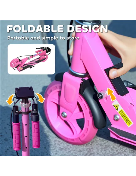 AIYAPLAY Scooter for Kids Aged 3-8 Years, with Adjustable Handle, Two Light Up Wheels, Handbrake, Rear Brake, Pink