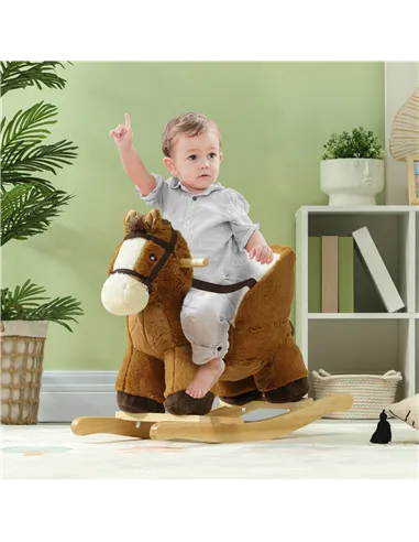 AIYAPLAY Kids Rocking Horse, Plush Ride on Horse, with Sound, Wood Base, for Ages 18-36 Months, Brown