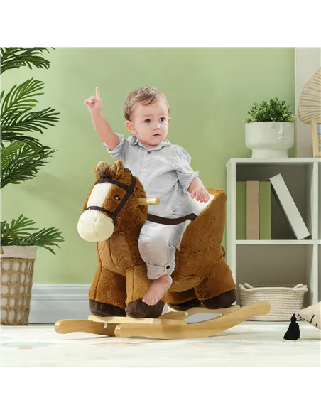 AIYAPLAY Kids Rocking Horse, Plush Ride on Horse, with Sound, Wood Base, for Ages 18-36 Months, Brown