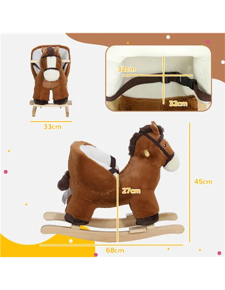 AIYAPLAY Kids Rocking Horse, Plush Ride on Horse, with Sound, Wood Base, for Ages 18-36 Months, Brown