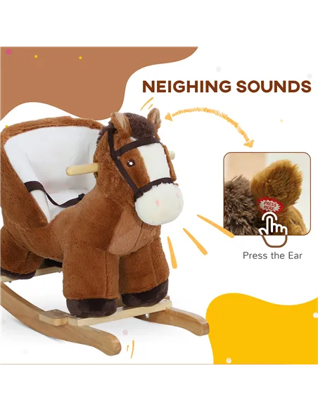 AIYAPLAY Kids Rocking Horse, Plush Ride on Horse, with Sound, Wood Base, for Ages 18-36 Months, Brown