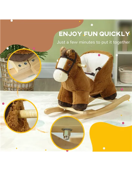 AIYAPLAY Kids Rocking Horse, Plush Ride on Horse, with Sound, Wood Base, for Ages 18-36 Months, Brown