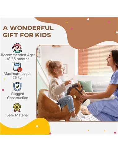 AIYAPLAY Kids Rocking Horse, Plush Ride on Horse, with Sound, Wood Base, for Ages 18-36 Months, Brown