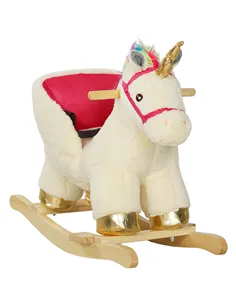 AIYAPLAY Kids Rocking Horse with Realistic Sounds, Safety Belt, Wooden Base, for Ages 18-36 Months, Cream White