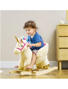 AIYAPLAY Kids Rocking Horse with Realistic Sounds, Safety Belt, Wooden Base, for Ages 18-36 Months, Cream White 2