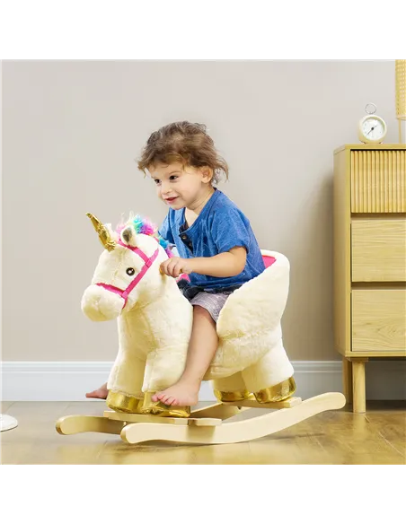 AIYAPLAY Kids Rocking Horse with Realistic Sounds, Safety Belt, Wooden Base, for Ages 18-36 Months, Cream White