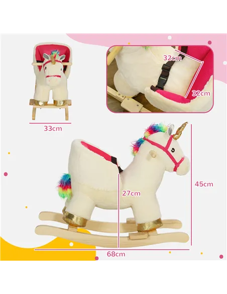 AIYAPLAY Kids Rocking Horse with Realistic Sounds, Safety Belt, Wooden Base, for Ages 18-36 Months, Cream White