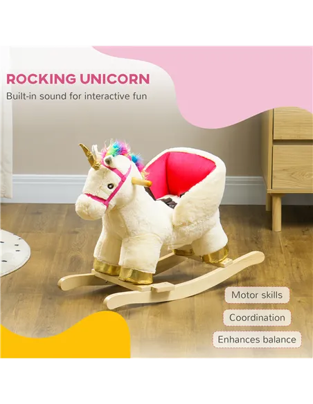 AIYAPLAY Kids Rocking Horse with Realistic Sounds, Safety Belt, Wooden Base, for Ages 18-36 Months, Cream White