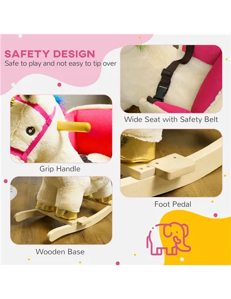 AIYAPLAY Kids Rocking Horse with Realistic Sounds, Safety Belt, Wooden Base, for Ages 18-36 Months, Cream White