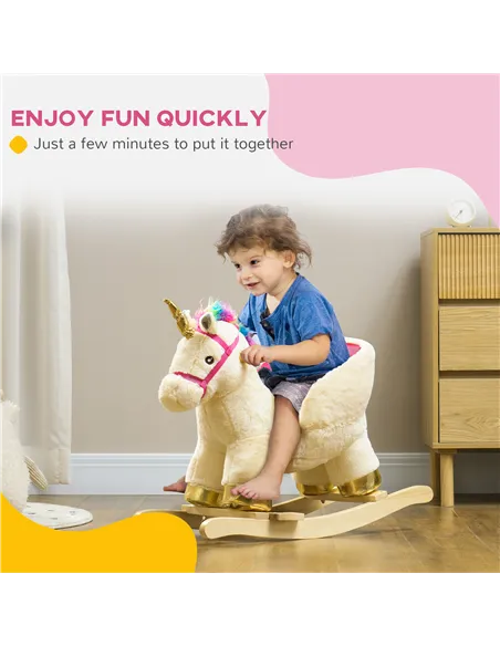 AIYAPLAY Kids Rocking Horse with Realistic Sounds, Safety Belt, Wooden Base, for Ages 18-36 Months, Cream White