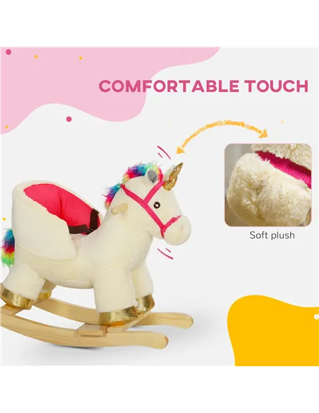 AIYAPLAY Kids Rocking Horse with Realistic Sounds, Safety Belt, Wooden Base, for Ages 18-36 Months, Cream White