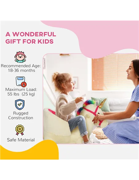 AIYAPLAY Kids Rocking Horse with Realistic Sounds, Safety Belt, Wooden Base, for Ages 18-36 Months, Cream White