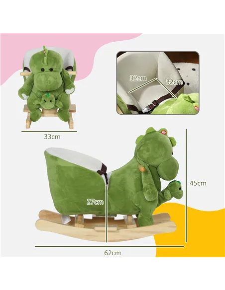 AIYAPLAY Dinosaur-Shaped Baby Rocking Horse w/ Safety Belt, 32 Songs