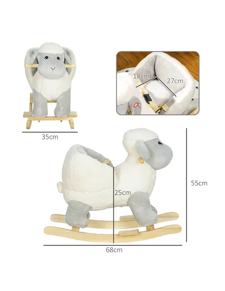 AIYAPLAY Rocking Horse, Ride on Lamb with Safety Belt, Sound, for Ages 18-36 Months, Grey