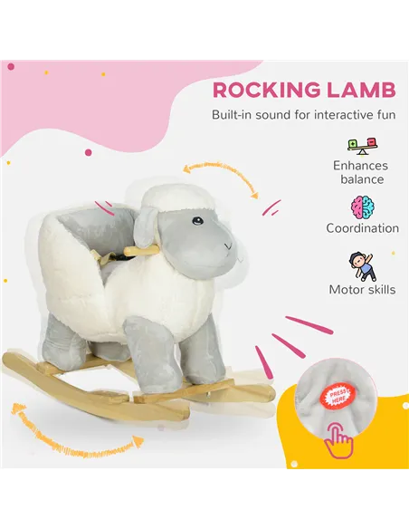AIYAPLAY Rocking Horse, Ride on Lamb with Safety Belt, Sound, for Ages 18-36 Months, Grey