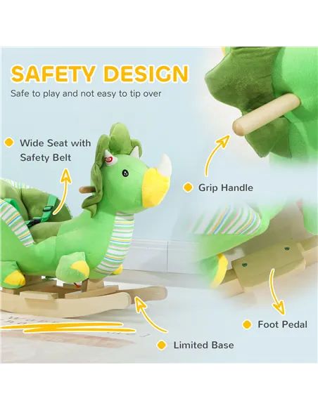 AIYAPLAY Baby Rocking Dinosaur with Animal Sounds, Safety Belt, Wooden Base, for Toddlers 18-36 Months, Green
