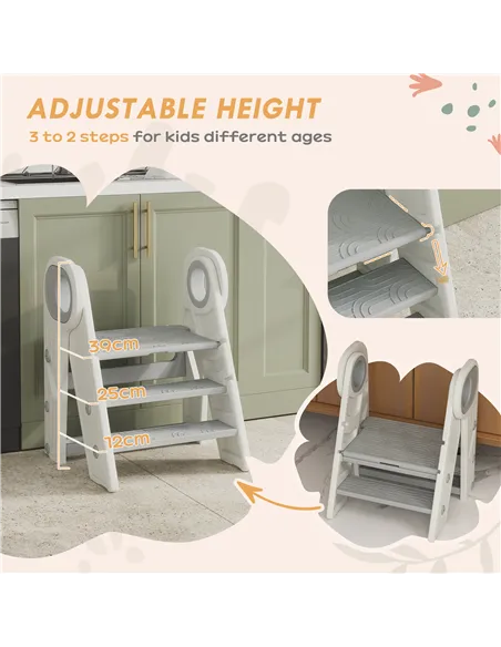 AIYAPLAY Foldable and Adjustable Kids Step Stool with Handle, Non-Slip, Grey