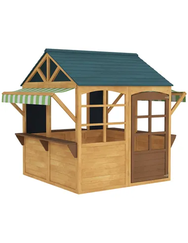 AIYAPLAY Wooden Playhouse for Kids, Foldable Wendy House with Windows, Working Door, Service Stations, Rain Covers, Brown