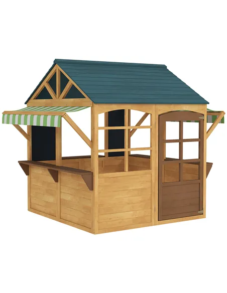 AIYAPLAY Wooden Playhouse for Kids, Foldable Wendy House with Windows, Working Door, Service Stations, Rain Covers, Brown