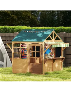 AIYAPLAY Wooden Playhouse for Kids, Foldable Wendy House with Windows, Working Door, Service Stations, Rain Covers, Brown 2