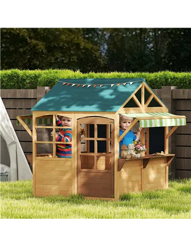 AIYAPLAY Wooden Playhouse for Kids, Foldable Wendy House with Windows, Working Door, Service Stations, Rain Covers, Brown