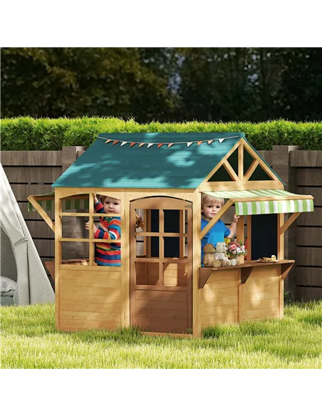 AIYAPLAY Wooden Playhouse for Kids, Foldable Wendy House with Windows, Working Door, Service Stations, Rain Covers, Brown