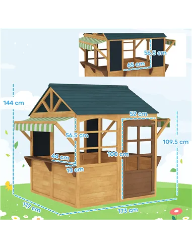 AIYAPLAY Wooden Playhouse for Kids, Foldable Wendy House with Windows, Working Door, Service Stations, Rain Covers, Brown