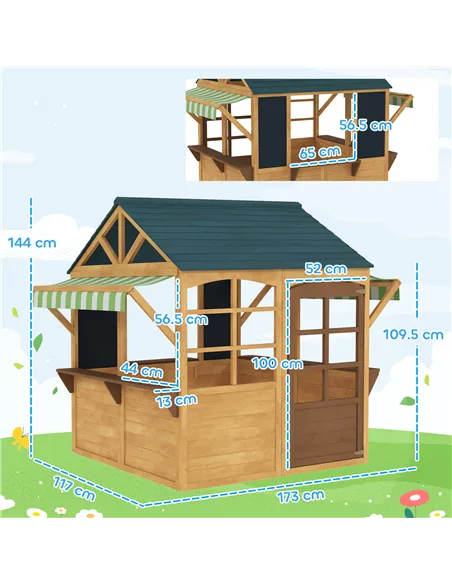 AIYAPLAY Wooden Playhouse for Kids, Foldable Wendy House with Windows, Working Door, Service Stations, Rain Covers, Brown