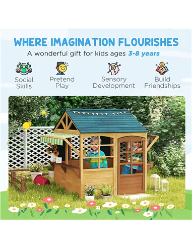 AIYAPLAY Wooden Playhouse for Kids, Foldable Wendy House with Windows, Working Door, Service Stations, Rain Covers, Brown