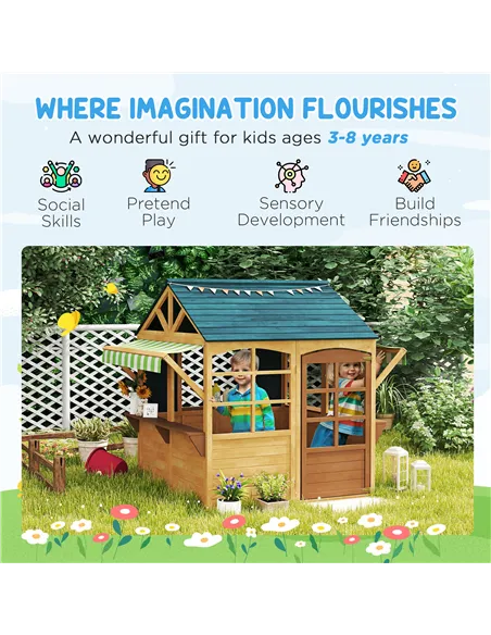 AIYAPLAY Wooden Playhouse for Kids, Foldable Wendy House with Windows, Working Door, Service Stations, Rain Covers, Brown