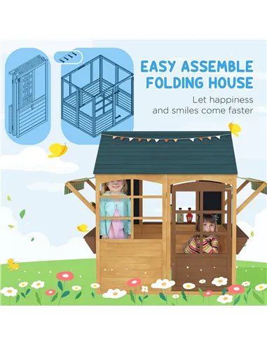 AIYAPLAY Wooden Playhouse for Kids, Foldable Wendy House with Windows, Working Door, Service Stations, Rain Covers, Brown