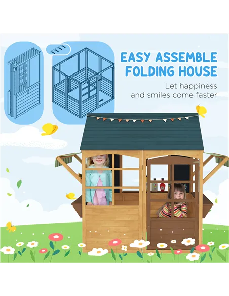 AIYAPLAY Wooden Playhouse for Kids, Foldable Wendy House with Windows, Working Door, Service Stations, Rain Covers, Brown