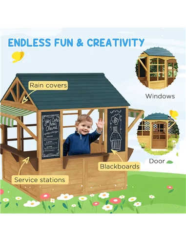 AIYAPLAY Wooden Playhouse for Kids, Foldable Wendy House with Windows, Working Door, Service Stations, Rain Covers, Brown