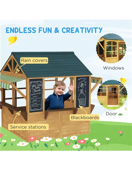 AIYAPLAY Wooden Playhouse for Kids, Foldable Wendy House with Windows, Working Door, Service Stations, Rain Covers, Brown