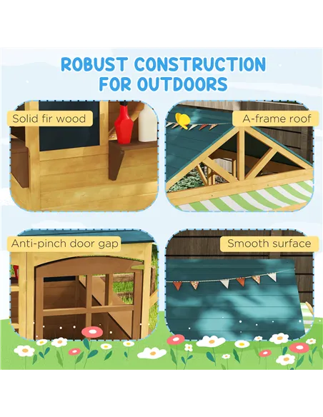AIYAPLAY Wooden Playhouse for Kids, Foldable Wendy House with Windows, Working Door, Service Stations, Rain Covers, Brown
