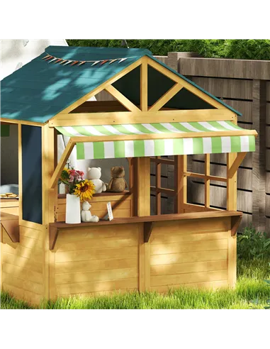 AIYAPLAY Wooden Playhouse for Kids, Foldable Wendy House with Windows, Working Door, Service Stations, Rain Covers, Brown