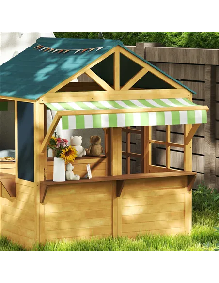 AIYAPLAY Wooden Playhouse for Kids, Foldable Wendy House with Windows, Working Door, Service Stations, Rain Covers, Brown