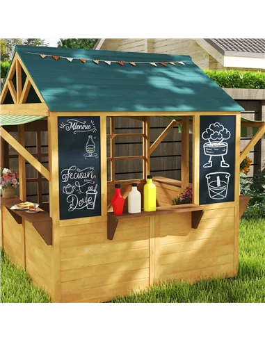 AIYAPLAY Wooden Playhouse for Kids, Foldable Wendy House with Windows, Working Door, Service Stations, Rain Covers, Brown