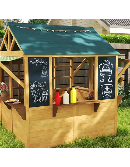 AIYAPLAY Wooden Playhouse for Kids, Foldable Wendy House with Windows, Working Door, Service Stations, Rain Covers, Brown